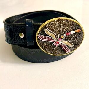 Beach Belts Mary Sullivan Black Leather Belt w/Exquisite Dragonfly Buckle,Size L